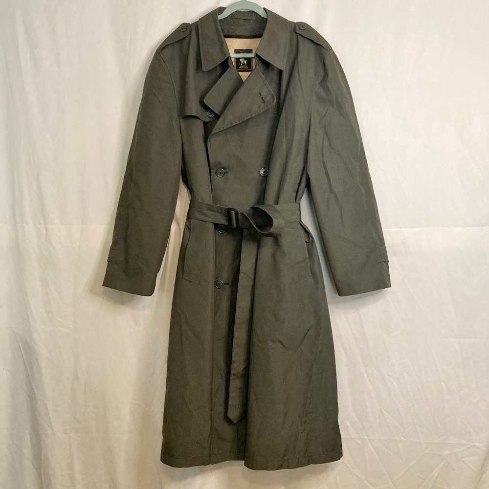 VTG 80s Hart Schaffner Marx Trench Coat Olive Green Wool Blend Liner 3 Season